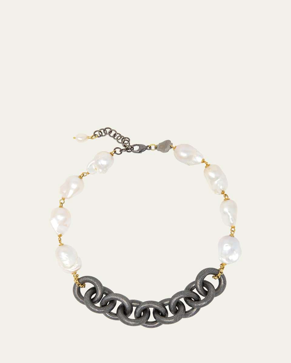 Rosary Necklace with Pearls and Black Silver Chain
